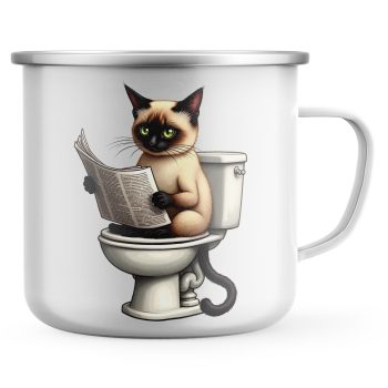 Funny Siamese Enamel Mug Cat On Toilet Reading Newspaper Humour Design Cat Gifts Purple Print House