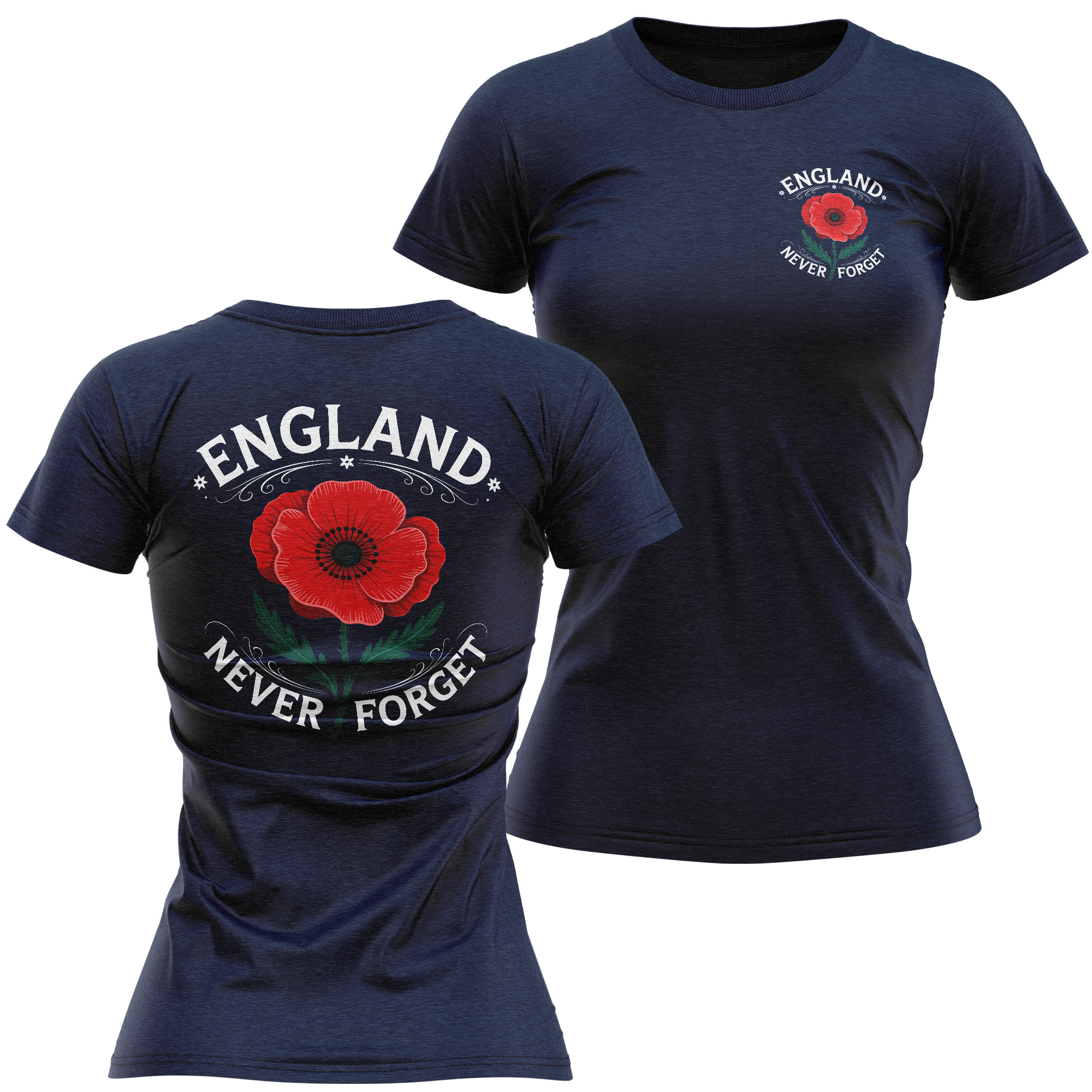 England Never Forget Womens T-Shirt | Red Poppy Remembrance