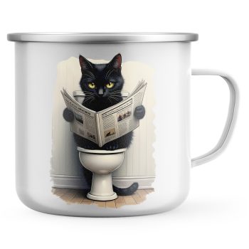 Funny Black Cat Enamel Mug Toilet Reading Newspaper Humour Camping Gift Cup Funny Gifts Purple Print House
