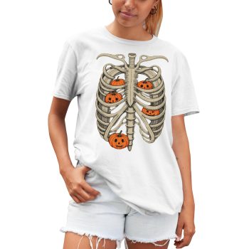Halloween Rib Cage T Shirt for Women Spooky Pumpkin Print Tee for Her Halloween Clothing Purple Print House