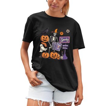 Witch Motel Halloween T Shirt for Women Spooky Skeleton and Pumpkins Tee for Her Halloween Clothing Purple Print House