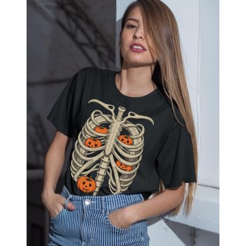 Halloween Rib Cage T Shirt for Women Spooky Pumpkin Print Tee for Her Halloween Clothing Purple Print House