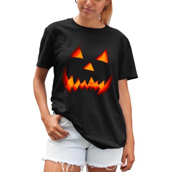 Spooky Pumpkin Face T Shirt for Women Jack-O’-Lantern Halloween Ladies Tee Funny T-Shirts Purple Print House
