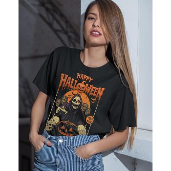 Happy Halloween Skeleton T Shirt for Women Spooky Zombies and Skulls Tee Halloween Clothing Purple Print House