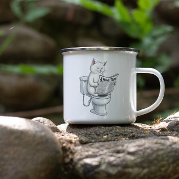 Funny White Cat Enamel Mug Cat Toilet Reading Newspaper Cartoon Design Cat Gifts Purple Print House