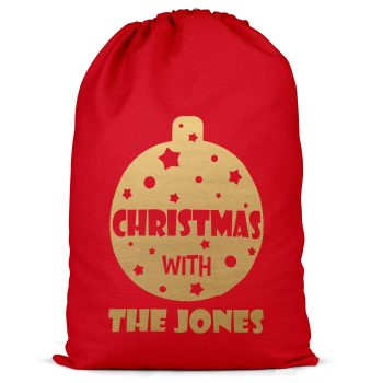 Gold Christmas with the Personalised Name Kids Present Sack Festive Bauble Design Gold Christmas with the Personalised Name Kids Present Sack Festive Bauble Design Christmas Gifts Purple Print House