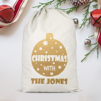 Gold Christmas with the Personalised Name Kids Present Sack Festive Bauble Design Christmas Gifts Purple Print House