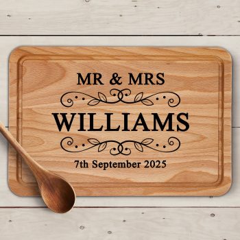 Personalised Mr and Mrs Wooden Chopping Board Custom Surname and Date Design Decorative Chopping Boards Purple Print House