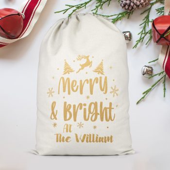 Gold Personalised Merry and Bright Christmas Present Sack with Family Name Christmas Gifts Purple Print House