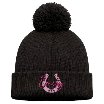 Embroidered Horse Shoe Bobble Hat with Custom Daughters Name for Riding Fun Equestrian Gifts Purple Print House