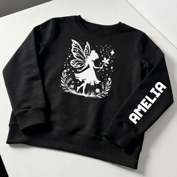 Personalised Fairy Sweatshirt With Enchanted Fairy Design And Custom Childs Name On Sleeve Birthday Gifts Purple Print House