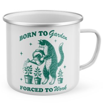 Born to Garden Enamel Mug Funny Cat Watering Plants Metal Tea Coffee Cup Cat Gifts Purple Print House