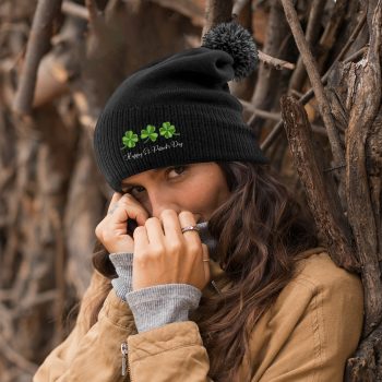 Embroidered St Patricks Day Bobble Hat with Patriotic Irish Shamrocks Design Bobble Hats Purple Print House