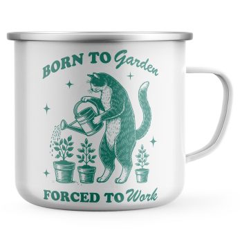 Born to Garden Enamel Mug Funny Cat Watering Plants Metal Tea Coffee Cup Cat Gifts Purple Print House