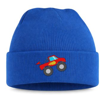 Embroidered Monster Truck Kids Beanie Hat With Red Big Off Road Vehicle Design Kids Accessories Purple Print House