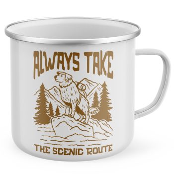 Always Take The Scenic Route Enamel Mug with Mountain Scene Design for Dog Owners Adventure Gifts Purple Print House