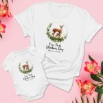 Our 1st Mothers Day Customised Matching T Shirt & Babygrow Set Floral Deer and Fawn Design Babygrow Vests Purple Print House