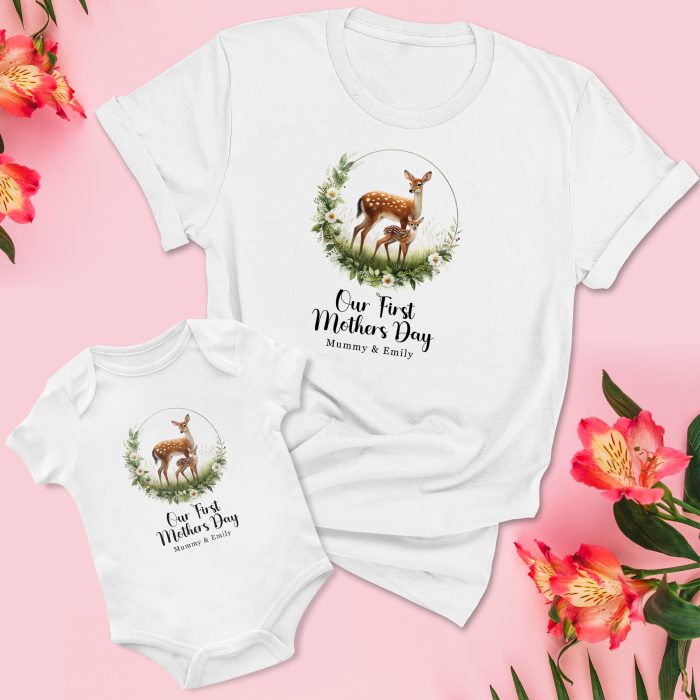 Our 1st Mothers Day Customised Matching T Shirt & Babygrow Set Floral Deer and Fawn Design Babygrow Vests Purple Print House