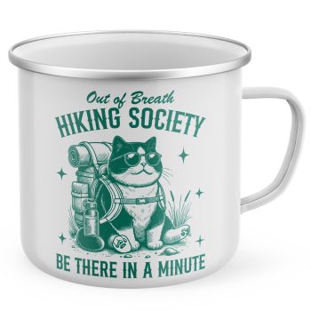Funny Hiking Society Enamel Mug with Out of Breath Hiking Society Cat Design Funny Gifts Purple Print House