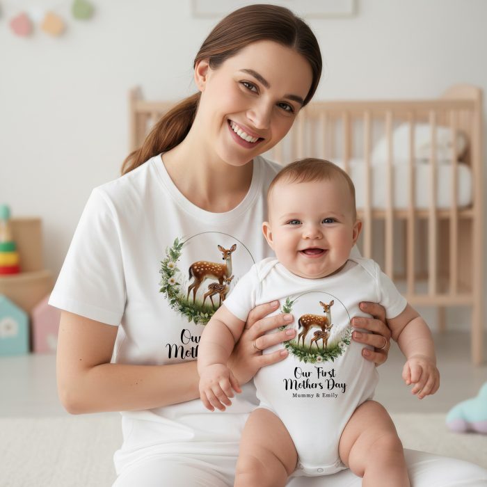 Our 1st Mothers Day Customised Matching T Shirt & Babygrow Set Floral Deer and Fawn Design Babygrow Vests Purple Print House
