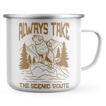 Always Take The Scenic Route Enamel Mug with Mountain Scene Design for Dog Owners Adventure Gifts Purple Print House