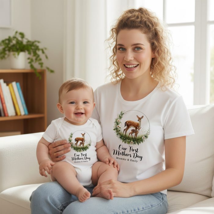 Our 1st Mothers Day Customised Matching T Shirt & Babygrow Set Floral Deer and Fawn Design Babygrow Vests Purple Print House