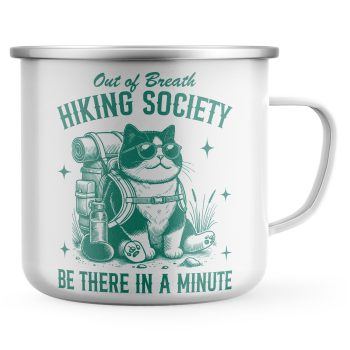 Funny Hiking Society Enamel Mug with Out of Breath Hiking Society Cat Design Funny Gifts Purple Print House