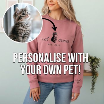 Personalised Cat Mama Sweatshirt With Custom Cat Sketch Puff Vinyl Sleeve Adult Sweatshirts Purple Print House