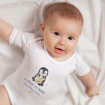 Personalised New Born Babygrow Penguin Star Is Born Design Baby Clothing Purple Print House