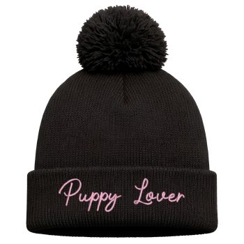 Girls Embroidered Bobble Hat Puppy Lover Design Kids Accessories Purple Print House