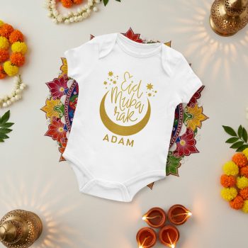 Babies First Personalised Ramadan Babygrow Eid Mubarak Gold Half Moon Design Babygrow Vests Purple Print House