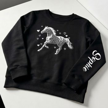 Personalised Horse Sweatshirt Horse With Love Hearts Name On Sleeve Animal Themed Clothing Purple Print House