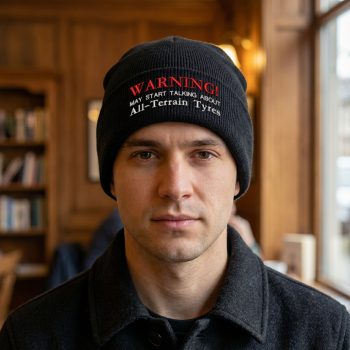 Funny Beanie Hat For Men Warning May Start Talking About All-Terrain Tyres Embroidery Automotive Gifts Purple Print House