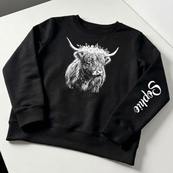 Personalised Highland Cow Sweatshirt Highland Cow Name On Sleeve Animal Designs Purple Print House