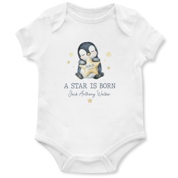 Personalised New Born Babygrow Penguin Star Is Born Design Baby Clothing Purple Print House