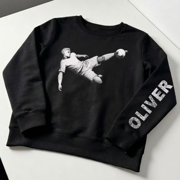 Personalised Footie Sweatshirt Over Head Footballer Kick With Custom Name On Sleeve Football Gifts Purple Print House