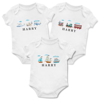 Personalised Baby Grow Multipack Set Planes Trains And Boats Baby Clothing Purple Print House