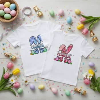 Personalised Matching Baby Easter T Shirt Pink Or Blue Bunny Ears Custom Name Baby T-Shirts Purple Print House