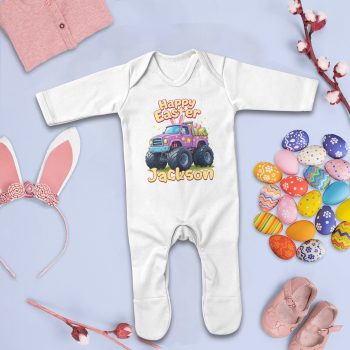 Personalised Easter Monster Truck Romper Suit with Added Daughters Name Baby Romper Suits Purple Print House