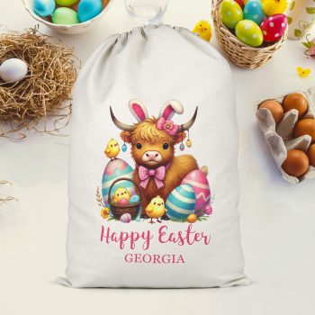 Highland Cow Personalised Easter Egg Present Sack Children's Accessories Purple Print House