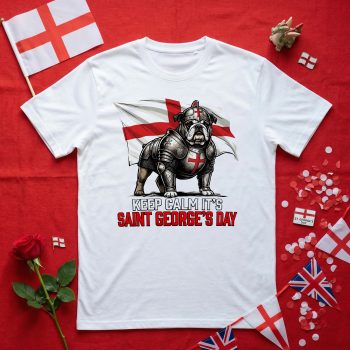 Saint Georges Day Mens T Shirt Keep Calm English Bulldog In Armour Design Men's Graphic T-shirts Purple Print House