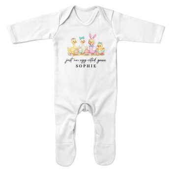 Personalised Girls Romper Suit Egg Cited Goose Name Design Personalised Girls Romper Suit Egg Cited Goose Name Design Baby Romper Suits Purple Print House