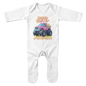 Personalised Easter Monster Truck Romper Suit with Added Daughters Name Personalised Easter Monster Truck Romper Suit with Added Daughters Name Baby Romper Suits Purple Print House