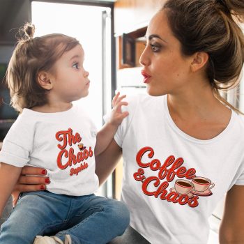 Mothers Day Funny Matching T Shirt Coffee Chaos Name Mother and Child Matching Outfits Purple Print House