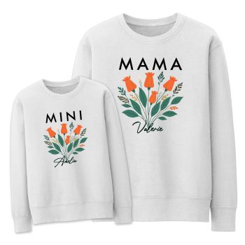 Custom Floral Matching Mothers Day Sweatshirt Orange Flower Mother and Child Matching Outfits Purple Print House