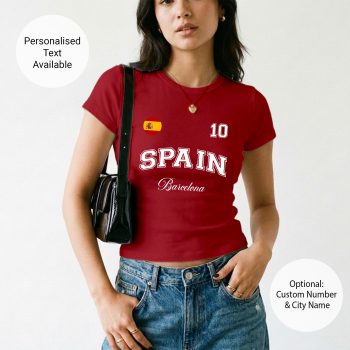 Spain Womens Baby Tee Custom Spanish City Name Number Short Top Women's Baby Tees Purple Print House