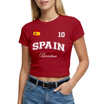 Spain Womens Baby Tee Custom Spanish City Name Number Short Top Spain Womens Baby Tee Custom Spanish City Name Number Short Top Women's Baby Tees Purple Print House
