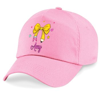 Personalised Girls Yellow Bow Baseball Cap Pencil Bow Kids' Baseball Caps Purple Print House