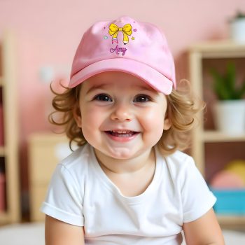 Personalised Girls Yellow Bow Baseball Cap Pencil Bow Kids' Baseball Caps Purple Print House