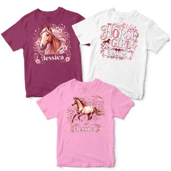 Personalised Multipack Girls Horse T Shirts Custom Name Kids' Graphic T-shirts Purple Print House